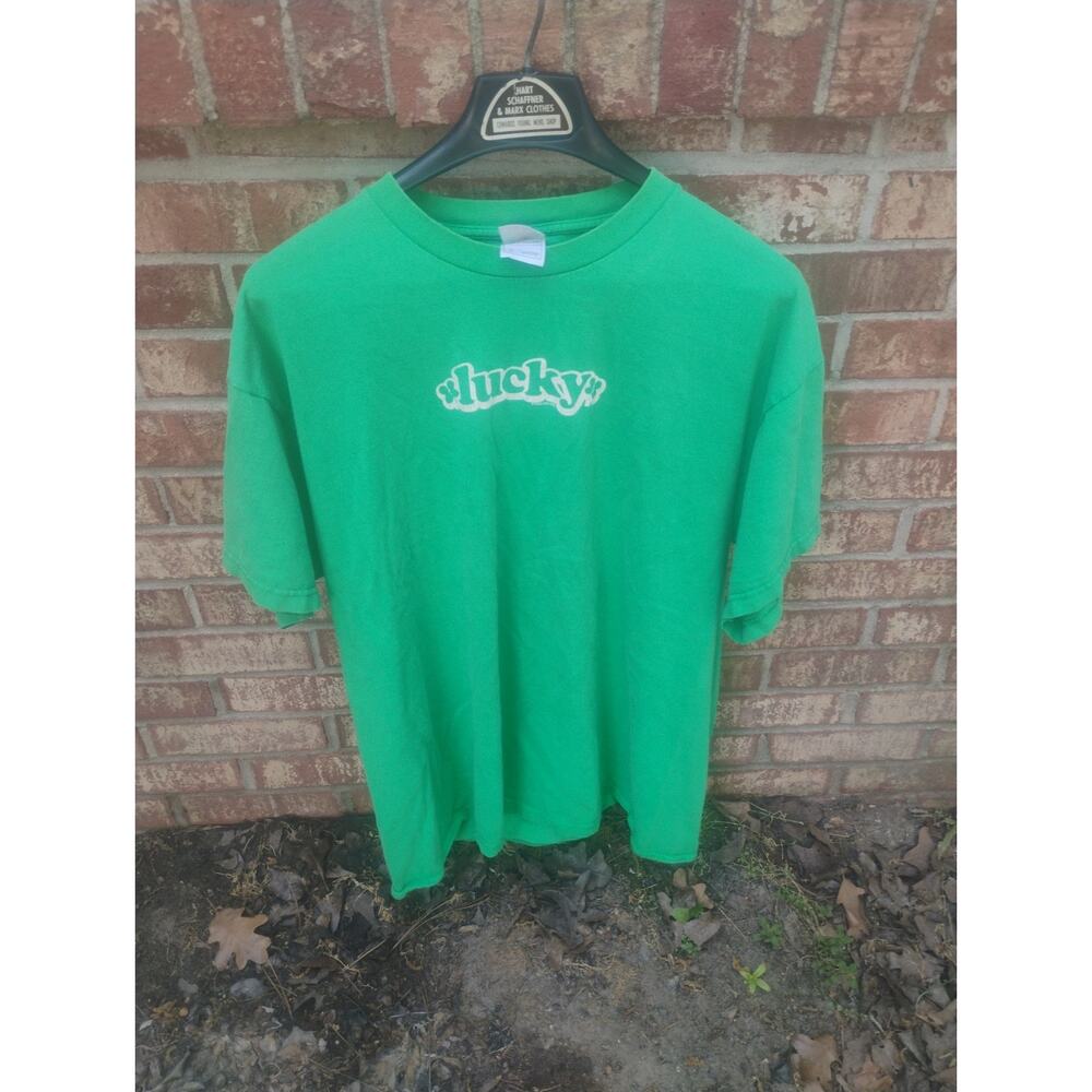 Vintage Lucky T Shirt Green Fruit of the Loom Heavy Cotton XL Retro Y2K Graphic